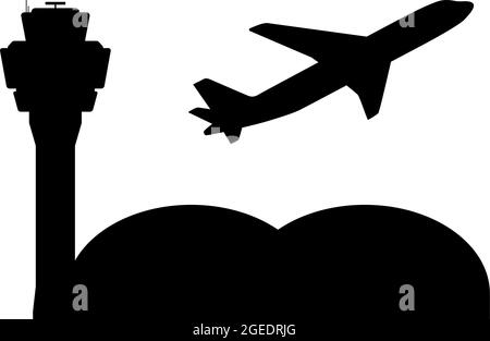 airport symbol with air traffic control tower and plane taking off, vector illustration Stock Vector