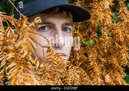 A handsome young man wearing a baseball cap looks out from behind the leaves of a branch. Stock Photo