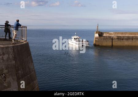 Sunset cruise leaves Seahouses Harbour, North Sunderland Harbour, Northumberland, England Stock Photo