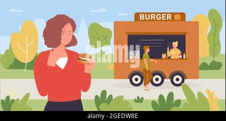 Fast food truck and people eat burger vector illustration. Cartoon woman character eating fastfood hamburger, man hipster buying, standing near outdoor cafe stall in city park, urban scene background Stock Vector