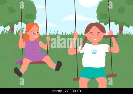 Kid girls ride swing in playground or summer nature garden, children play fun game together vector illustration. Cartoon happy childhood, cute little child character playing outdoor background Stock Vector