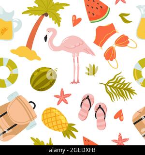 Summer seamless pattern vector illustration. Cartoon cute watermelon, bikini swimsuit, beach starfish backpack, lemonade, pineapple, flip flops, flamingos, palm tree isolated on white Stock Vector