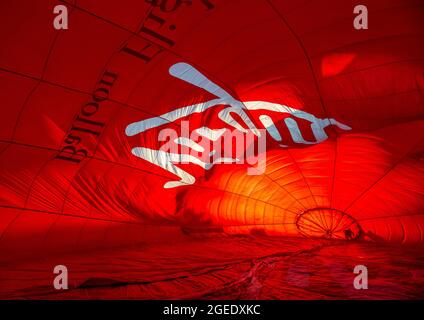 Inside of a Virgin hot air balloon as it is being inflated. Stock Photo