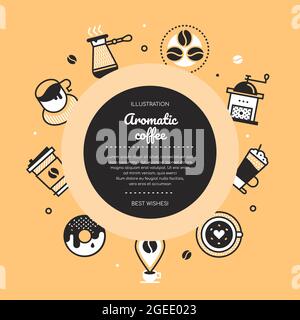 Aromatic coffee - vector line design style poster, peach background with black text box. High quality images for cafe, restaurant, shop. Coffee, coffe Stock Vector