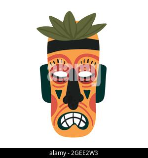 Tiki mask, colorful ethnic totem vector illustration. Cartoon mask template, ancient wooden tropical tribal face of tiki god for ceremony in tribe isolated on white Stock Vector