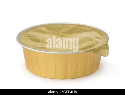 Round aluminum foil food container with foil lid isolated on white Stock Photo