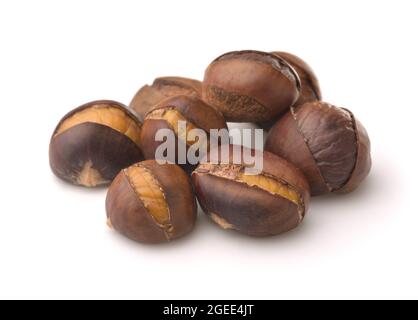 Organic roasted chestnuts isolated on white Stock Photo