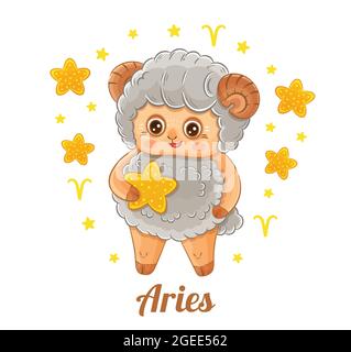 Aries astrology zodiac sign.  Funny little ram or male sheep. Cute baby animal character with stars. Children astrological horoscope symbol. Vector Stock Vector