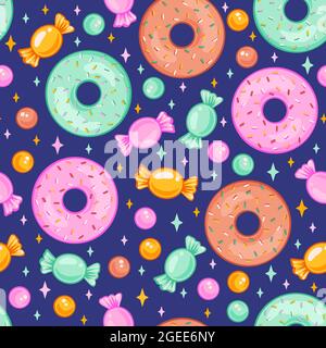Vector seamless pattern with candies and donuts. Sweet candy and donut seamless pattern for birthday party. Stock Vector