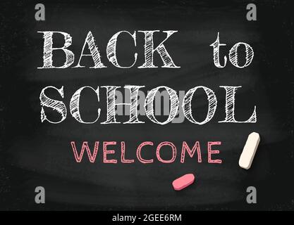 Vector vintage greeting card Back to school 2021-2022. Back to school on the chalkboard. Stock Vector