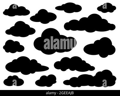 Set of various black clouds silhouettes on white background. Simple symbols collection. Vector illustration Stock Vector