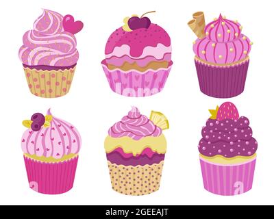 Set of cute little cupcakes with cream and berries. Delicious desert with different decor. Pink and purple sprinkles muffins collection. Vector Stock Vector