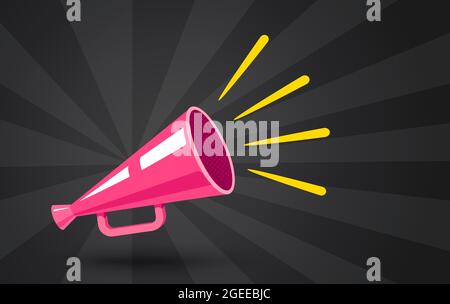 Vector vintage poster with retro pink megaphone on black background. Retro megaphone on dark abstract background for sale. Stock Vector