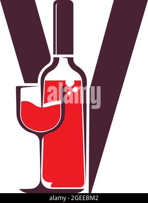 Letter V with wine bottle icon logo vector template Stock Vector
