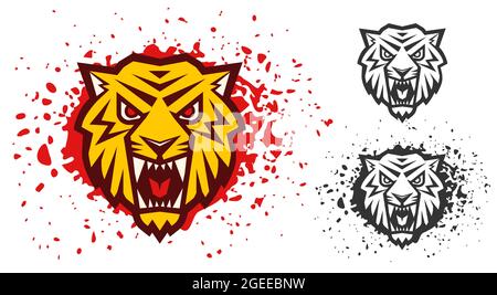 Vector retro sport logo with head of a tiger. Vintage print for t-shirt of angry tiger with blood drops. Stock Vector