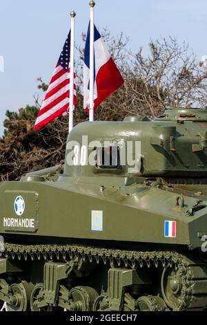 The Sherman tank 'Normandie', 2nd French Armored Division Landings Monument, Manche department, Cotentin, Normandy region, France Stock Photo