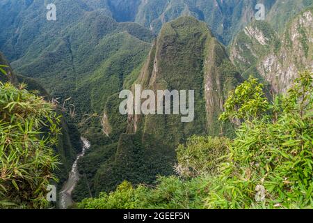 View of Urubamba valley from Machu Picchu ruins, Peru. Stock Photo