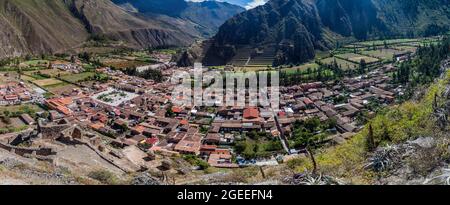 Aerial view of Ollantaytambo and Inca's agricultural terraces, Sacred ...
