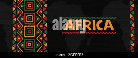 Africa text quote banner illustration concept. Colorful hand drawn tribal art with traditional african culture decoration and continent map. Stock Vector