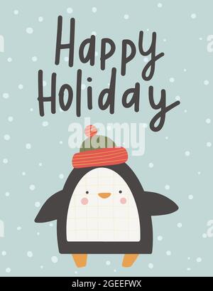 Christmas greeting card. Cute winter holidays postcard. Cartoon penguin with wishes.Hand draw style vector illustration Stock Vector