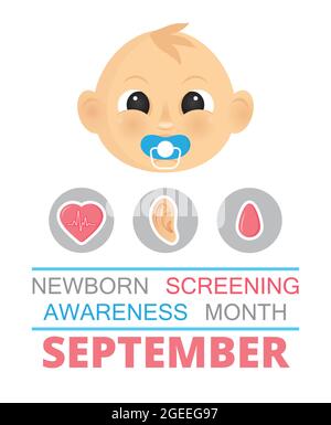 Newborn screening awareness month concept vector. Heel stick and blood drop test, hearing screen, and pulse oximetry are shown for baby. Medical event Stock Vector