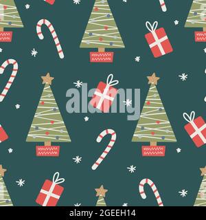 Seamless Christmas patterns with tree, candy and gifts.Christmas ornament with red and green color, vector illustration Stock Vector