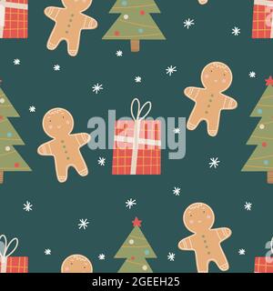Seamless Christmas pattern with Christmas tree, gingerbread man and gifts. Christmas ornament with red and green color, vector illustration Stock Vector
