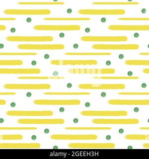 Yellow loose strokes and green polka dot seamless pattern, trendy minimalist concept, simple repeat ornament watercolor illustration Stock Photo