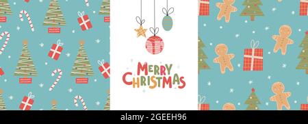 Seamless Christmas patterns and lettering-merry Christmas. Christmas ornament with red and green color, vector illustration Stock Vector
