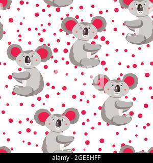 Seamless pattern with cute koala baby and hearts on white polka dots background. Funny australian animals. Card, postcards for kids. Flat vector Stock Vector