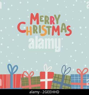 Simple card Happy New Year and Merry Christmas. Vector winter holidays Postcard graphic design element with gifts and snow. Stock Vector