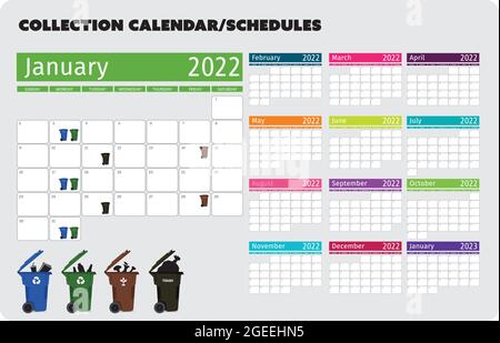 2022 recycle and trash bin collection calendar organizer set vector Stock Vector