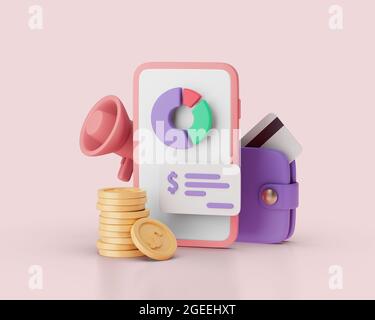Financial report with circle chart, wallet, gramophone and coins on smartphone concept. Simple 3d render illustration with soft shadows Stock Photo