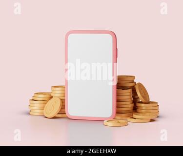 Cashback or accumulation of money coins on smartphone concept. Simple 3d render illustration with soft shadows Stock Photo