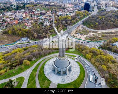 Kiev, Ukraine - April 26, 2021: Aerial top view by drone of the Monument Motherland in Kiev, Ukraine. Stock Photo