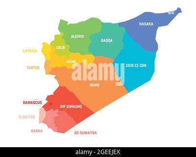 Orange political map of Syria. Administrative divisions - governorates. Simple flat vector map with labels. Stock Vector