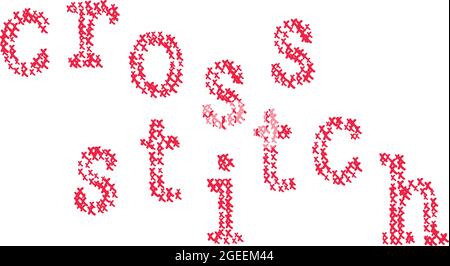 Cross stitch word abc patch composition concept isolated space illustration. Red patchwork stroke fabric application, fashion slogan made cross stitch Stock Vector