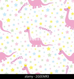 Pink princess dino seamless pattern. Stock Vector