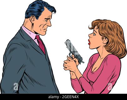 the woman pointed the gun at the man. spies, agents and detectives Stock Vector