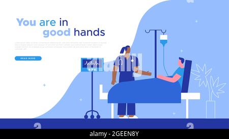 Hospital patient web template illustration for health insurance or medical care concept. Woman doctor with male character lying in clinic bed and copy Stock Vector