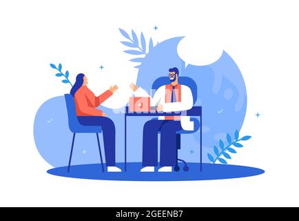 Doctor office consultation illustration concept in modern flat cartoon style. Young woman at hospital appointment for health care check up or disease Stock Vector
