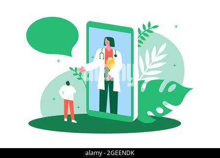 Doctor phone app consultation illustration concept. Woman medic in smartphone screen doing video call appointment or home visit with man patient on is Stock Vector