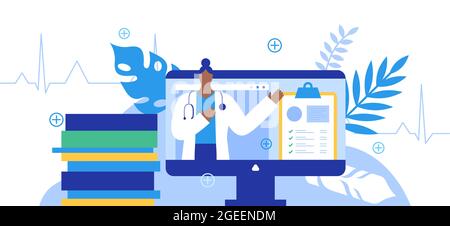 Doctor video call consultation illustration concept. Woman medic in computer screen doing remote appointment or medicine student learning scene with b Stock Vector