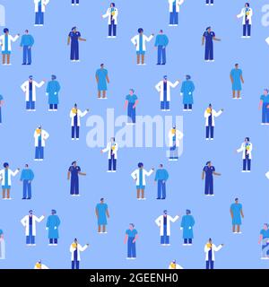 Diverse hospital staff people seamless pattern illustration. Doctor and nurse team doing clinic work with patients, cartoon background. Stock Vector