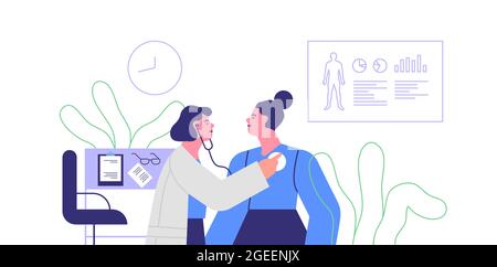 Happy woman at doctor office doing routine check up examination. Hospital appointment visit flat cartoon illustration concept on isolated background. Stock Vector