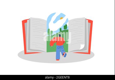 Young man character running to open book door of imagination landscape. Creative reading concept in flat cartoon style. Isolated education design. Stock Vector