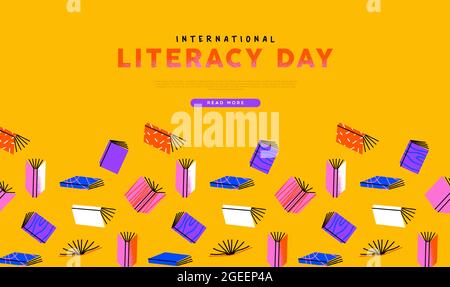 International Literacy day web template illustration of retro colorful book cartoon background for september 8 holiday event online. Open books and te Stock Vector