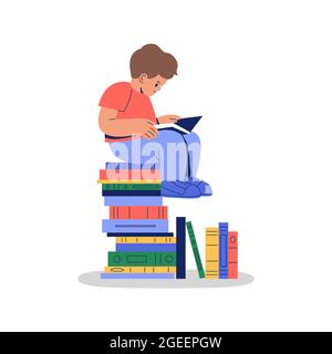 Young boy child reading many books on isolated white background. Modern flat cartoon illustration for school homework concept or funny bookworm kid de Stock Vector