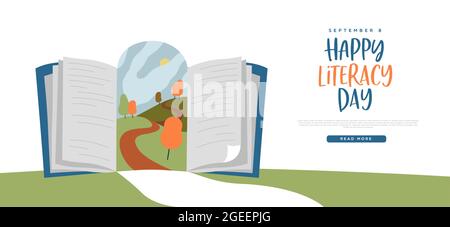Happy literacy day web template background illustration of open book door with nature landscape for creative learning imagination concept. Copy space Stock Vector