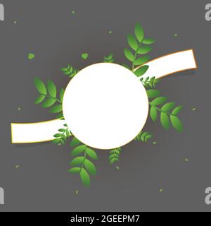 Tropical green leaves with Golden border white round frame place for text isolated on black background Stock Vector